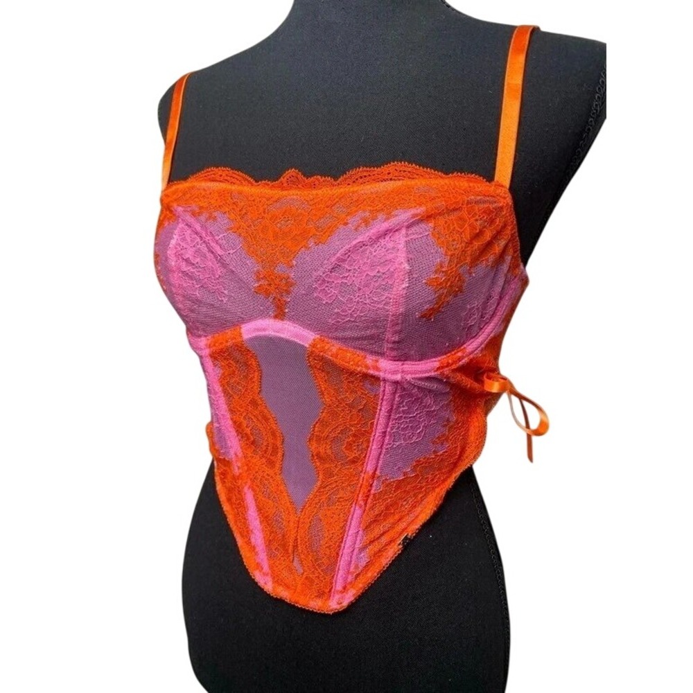 Savage X Fenty Lacestruck Bustier Corset Top Lace Orange Pink Size Small (4-6)